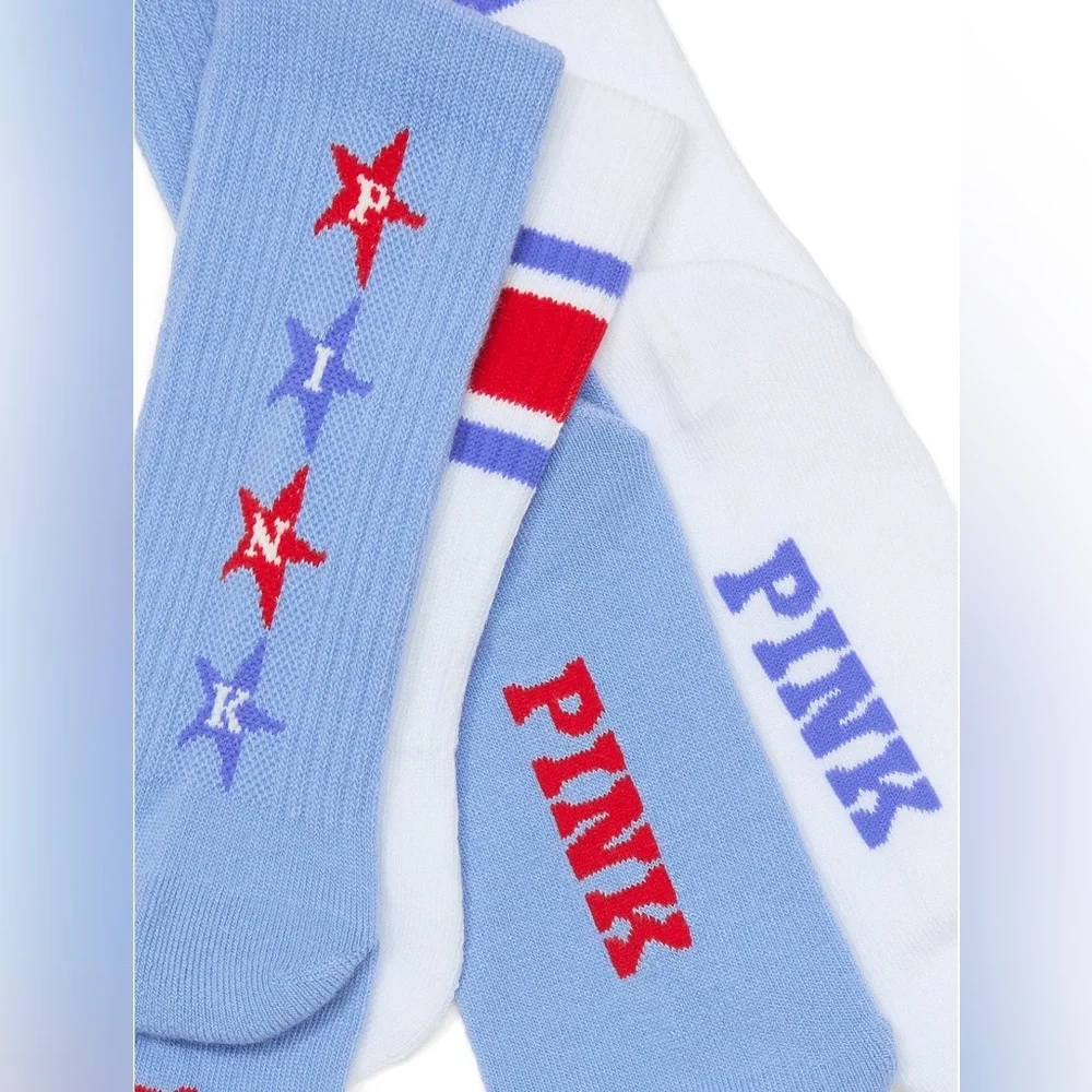 PINK Victoria's Secret Blue and White Stars 2 Pack Crew Socks- NWT
